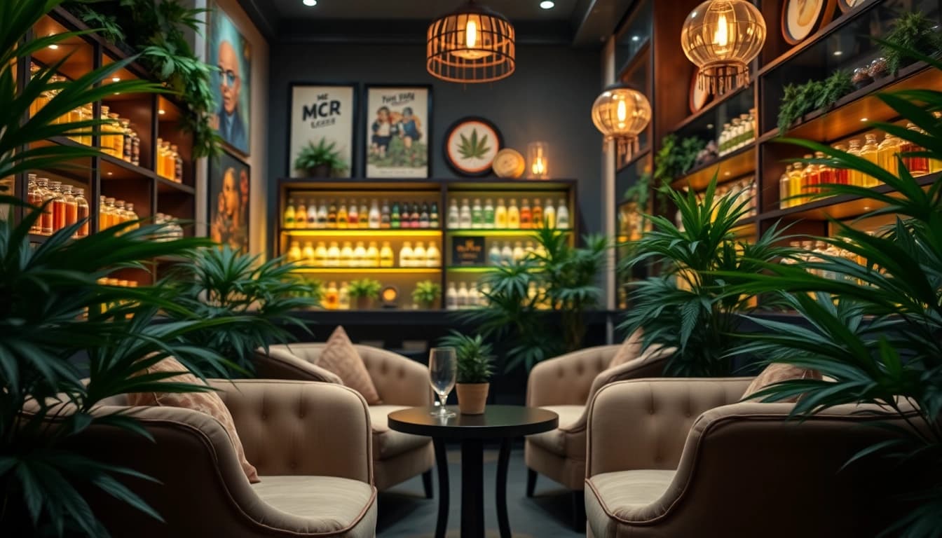 Profitez de l'ambiance relaxante du Mr Joint Club cannabis madrid avec des clients détendus et un décor floral accueillant.