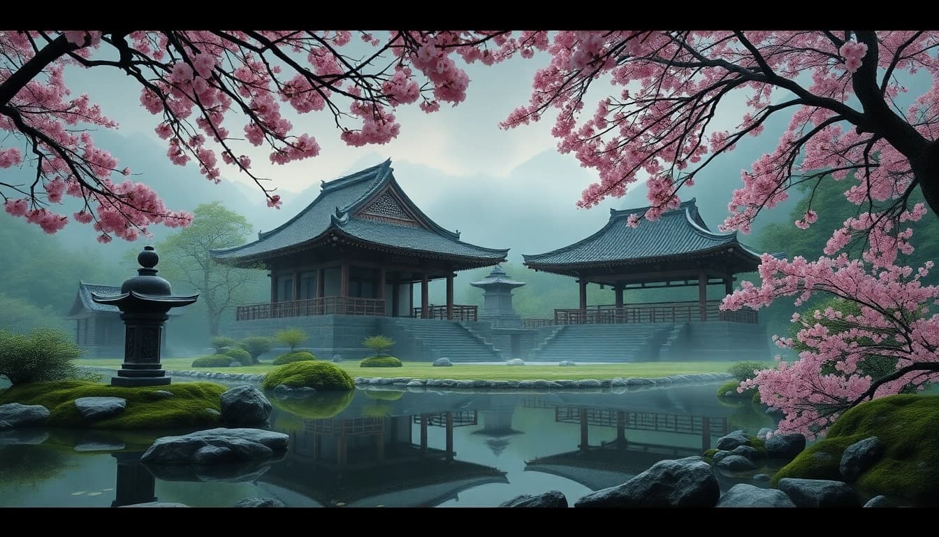 自然と桜に囲まれた即身仏を祀る日本の寺院の静かな風景。