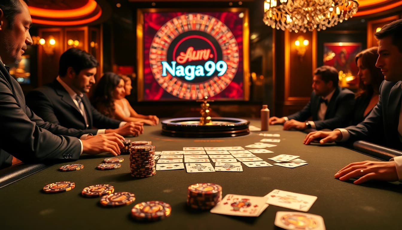 Naga99 gaming experience at a luxurious casino table with poker chips and cards.