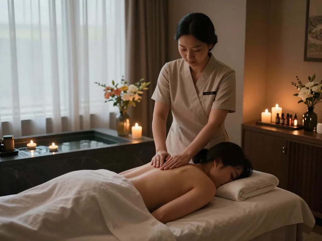 Relaxing 논현동마사지 session in a tranquil spa with soft lighting and calming atmosphere.