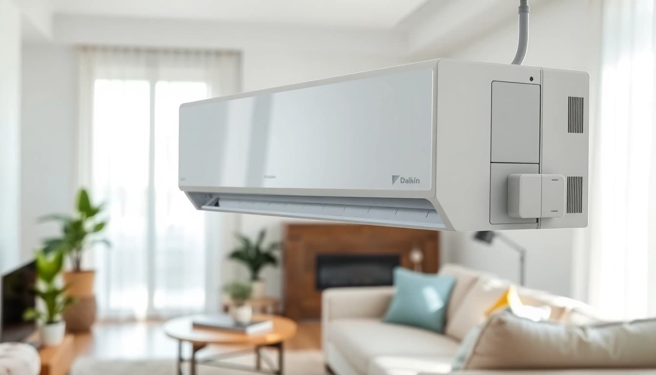 Efficient daikin mini split ac seamlessly integrated into a stylish living room design.