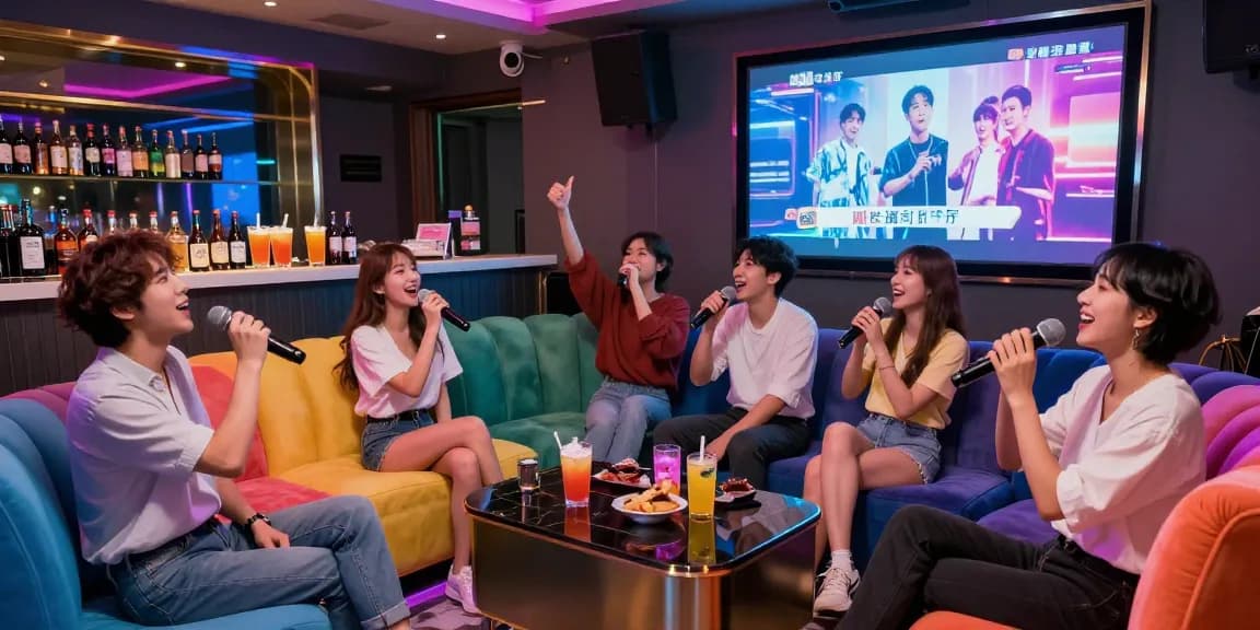 강남가라오케에서 친구들과 함께 즐거운 시간을 보내는 모습, 화려한 조명과 안락한 좌석이 어우러진 공간
