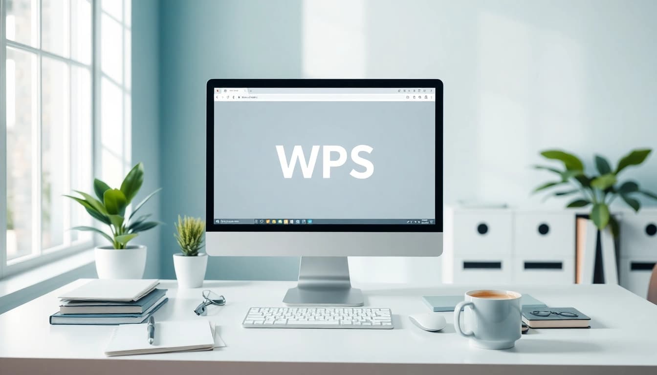 A modern workspace featuring WPS办公软件 on a sleek computer screen with a bright, professional atmosphere.