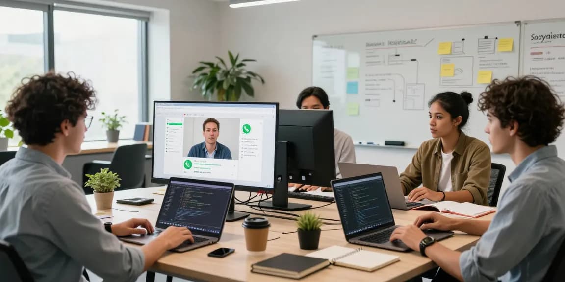 Team collaborating with WhatsApp下載 interface on screens in a modern office setting.