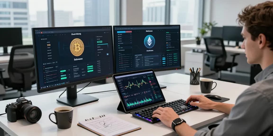 Cloud mining provider workspace with cryptocurrency trading dashboards and blockchain technology.
