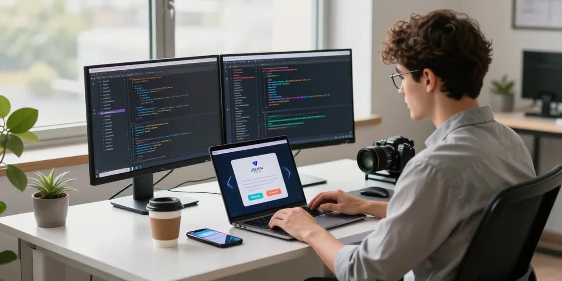 Downloading 纸飞机 app in a modern tech workspace with dual monitors and bright setup.