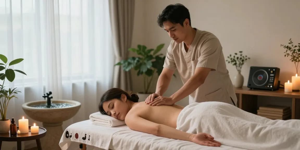 전주마사지 전문가가 아로마 치료를 제공하는 평화로운 마사지 실내 모습
