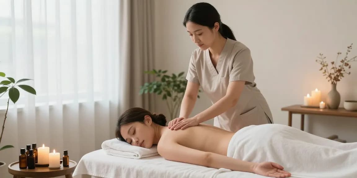 논현동마사지에서 마사지 받고 있는 고객과 전문가의 평화로운 순간