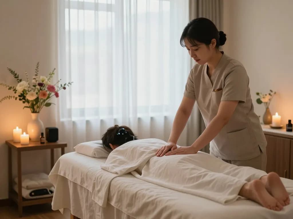 Relaxing therapy room for 천안스웨디시 massage with candles, soft linens, and essential oils.