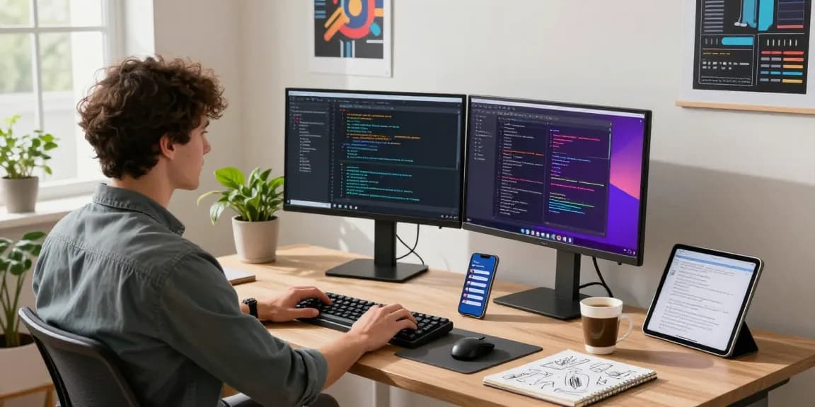 Transform your workflow with 截图工具下载 in a modern tech workspace, showcasing vibrant code on dual monitors and a developer's focus.