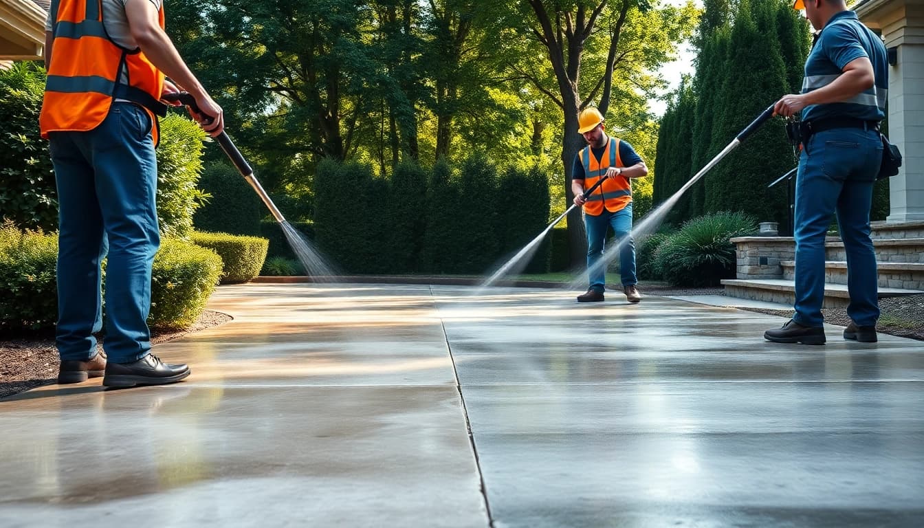 Concrete cleaning in progress, showcasing a professional team revitalizing a driveway with high-pressure washing.
