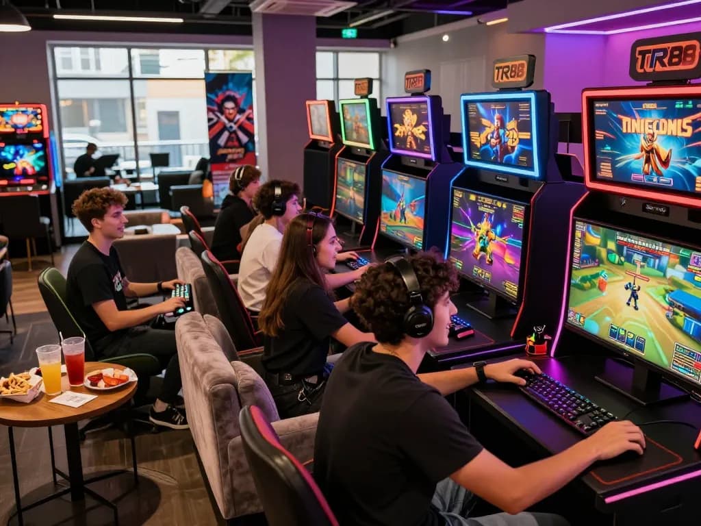 Exciting TR88 casino gaming scene with friends enjoying diverse games in vibrant atmosphere.