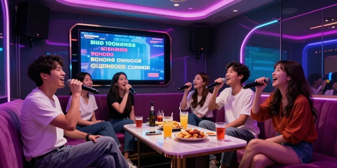 강남가라오케에서 즐거운 시간을 보내는 친구들, 화려한 조명과 고급 음향 시스템으로 특별한 밤을 만끽하는 모습.