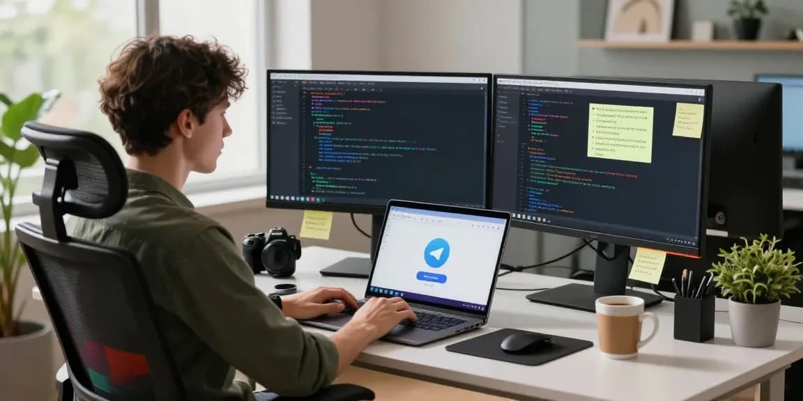 Developer using 纸飞机下载 on laptop in modern workspace with dual monitors, creating a productive coding environment.