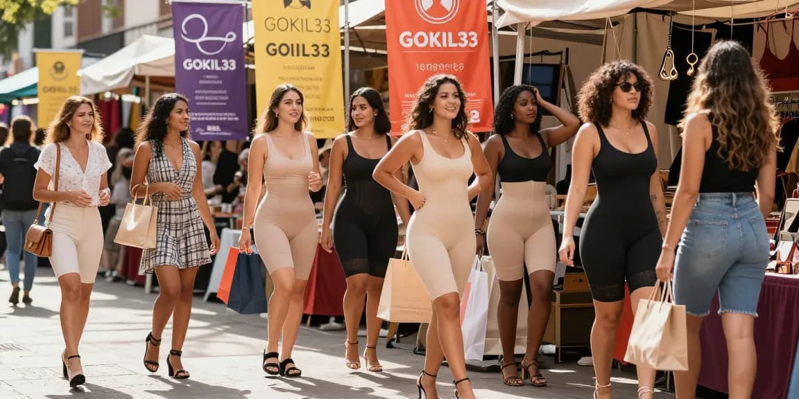 GOKIL33, tempat belanja shapewear Kolombia, menampilkan wanita modern menikmati pengalaman berbelanja di pasar yang ceria.