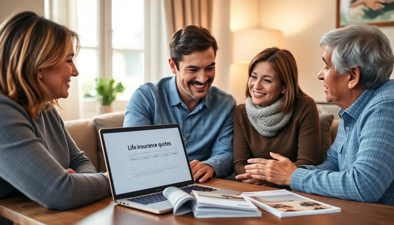 Explore life insurance options with a family in a cozy setting, showcasing thoughtful planning and security.