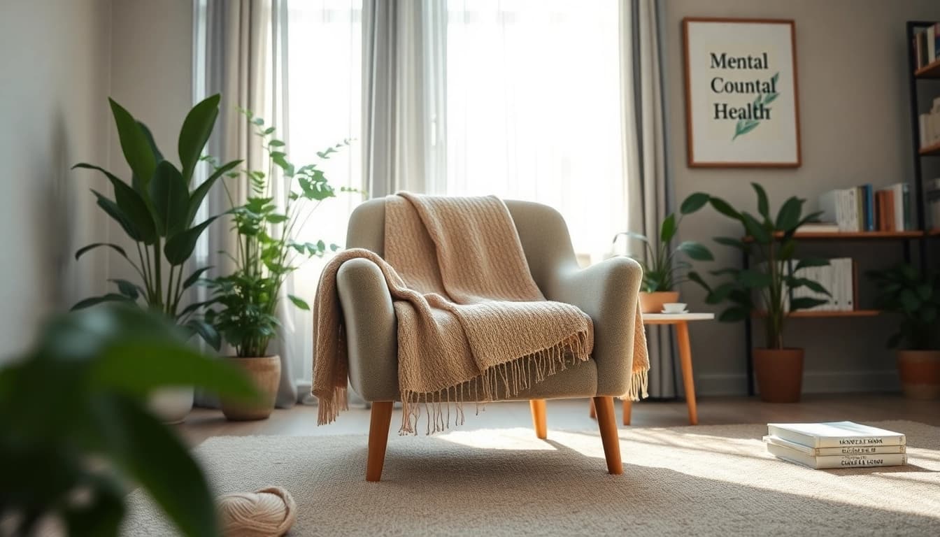 Engaging Counselling Services atmosphere with a cozy armchair and calming decor for a therapeutic feel.