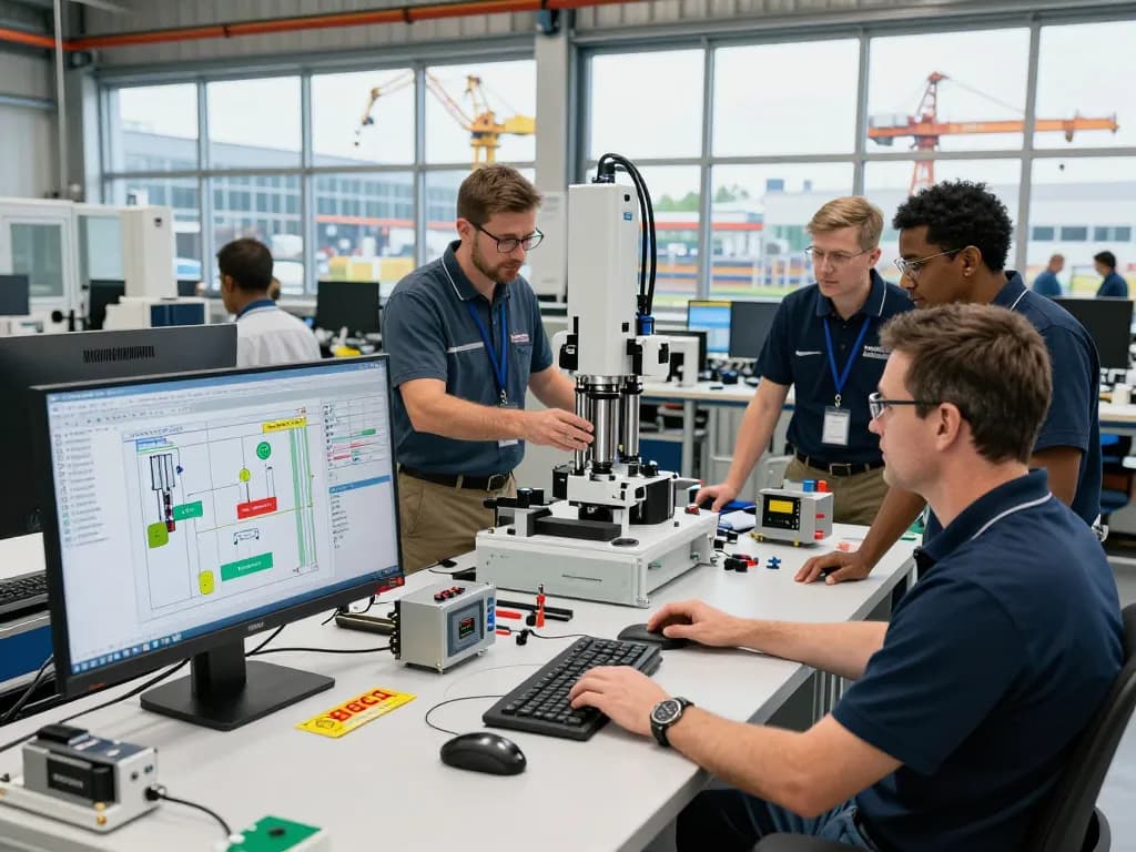 Engineers collaborating on Bosch Rexroth automation solutions in a modern industrial workshop.