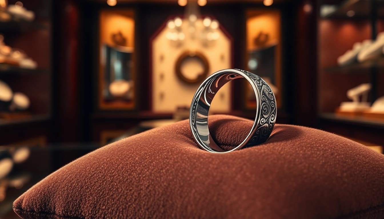 A beautifully crafted tungsten ring showcased on a velvet cushion, highlighting its intricate design.