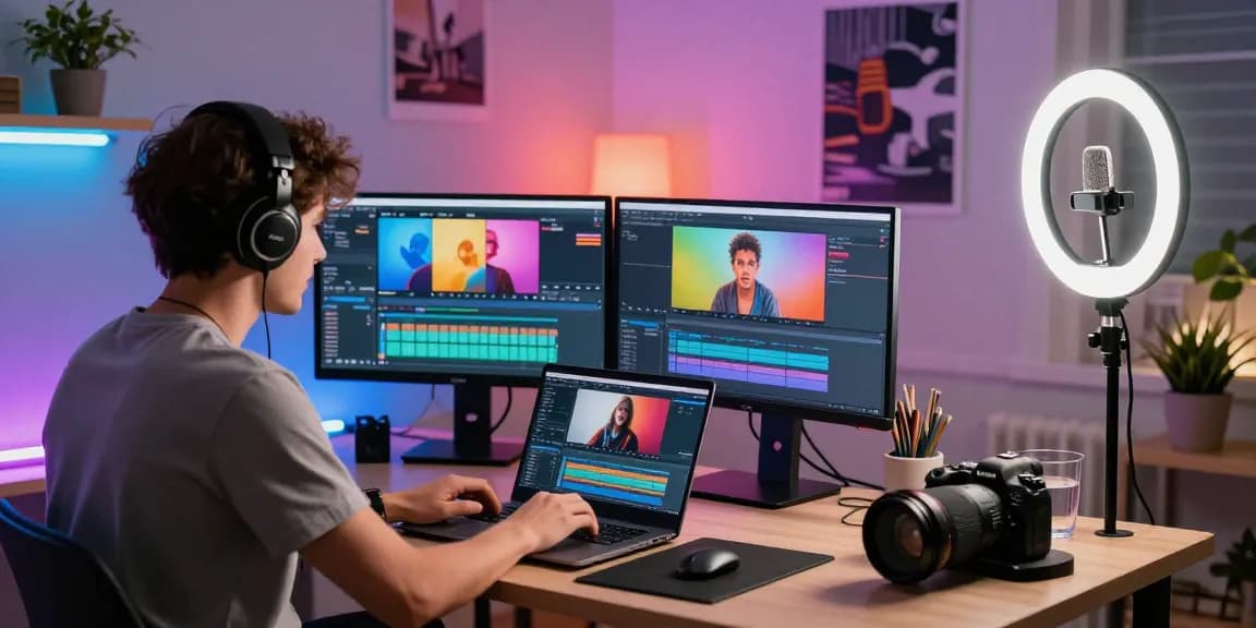 Get high-quality YouTube subscribers through a dedicated young creator editing videos in an inspiring home studio.