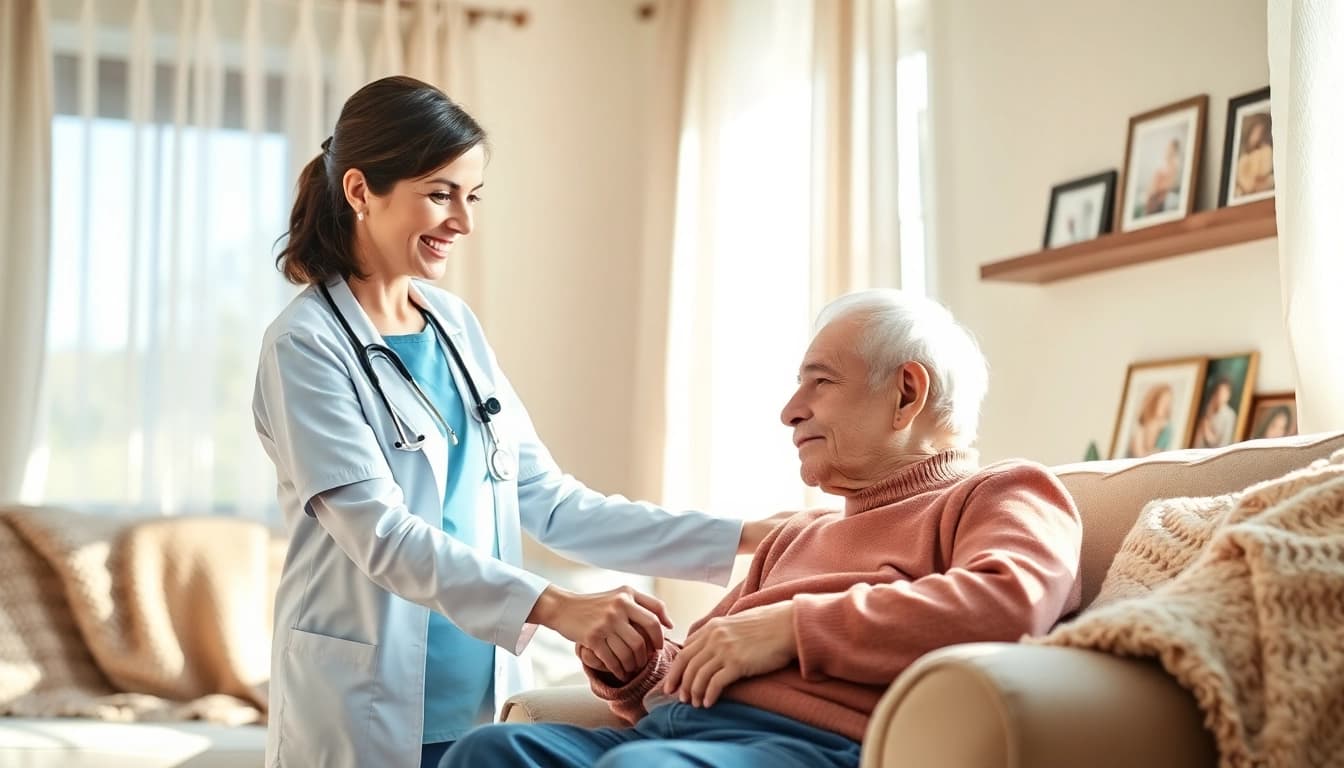 Caregiver providing respite care austin tx to an elderly client in a comforting home environment.
