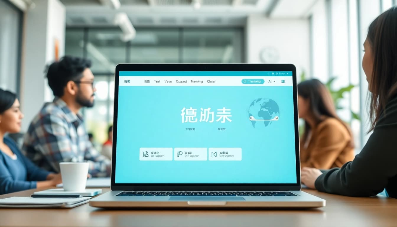 有道翻译 interface showcasing AI-powered multilingual communication in a collaborative office.