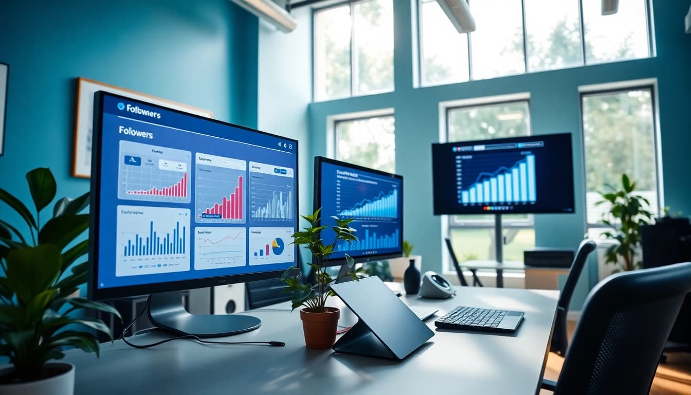 フォロワー購入のための魅力的なソーシャルメディアマーケティングの職場を示す画像