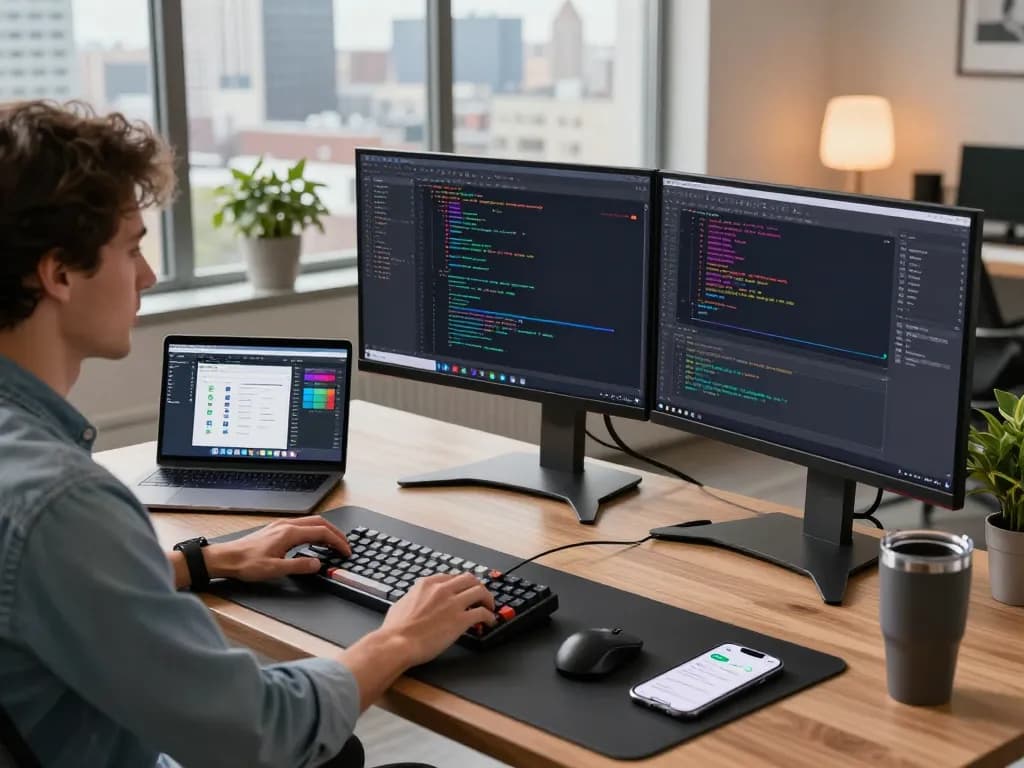 Developer utilizing the molt bot software at a modern workspace with dual monitors and coding interface.