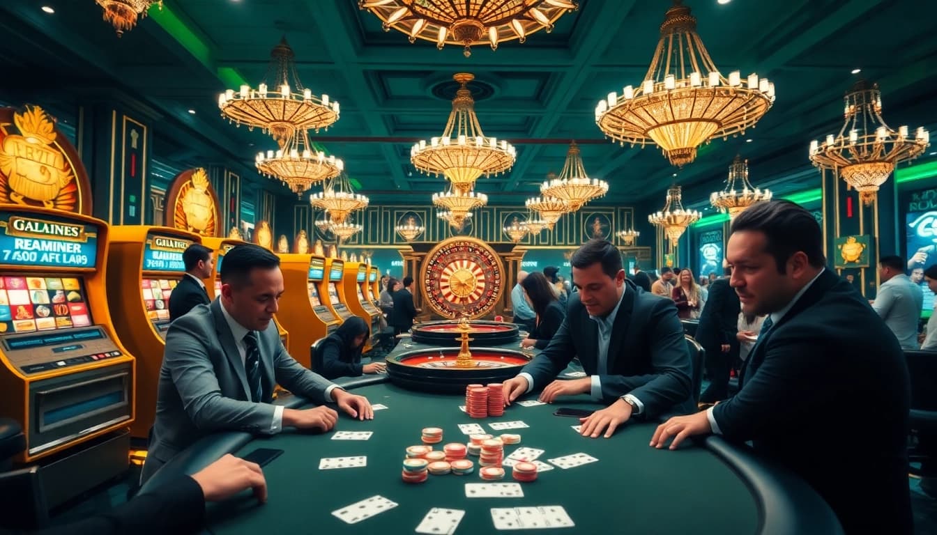 Exciting poker gameplay at a luxurious casino inspired by https://98winwi.com/ with vibrant lights and chips.