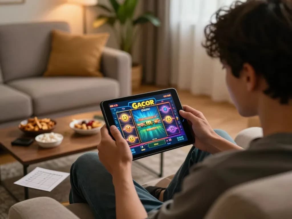 Engaging in slot gacor gameplay on a tablet in a cozy living room atmosphere