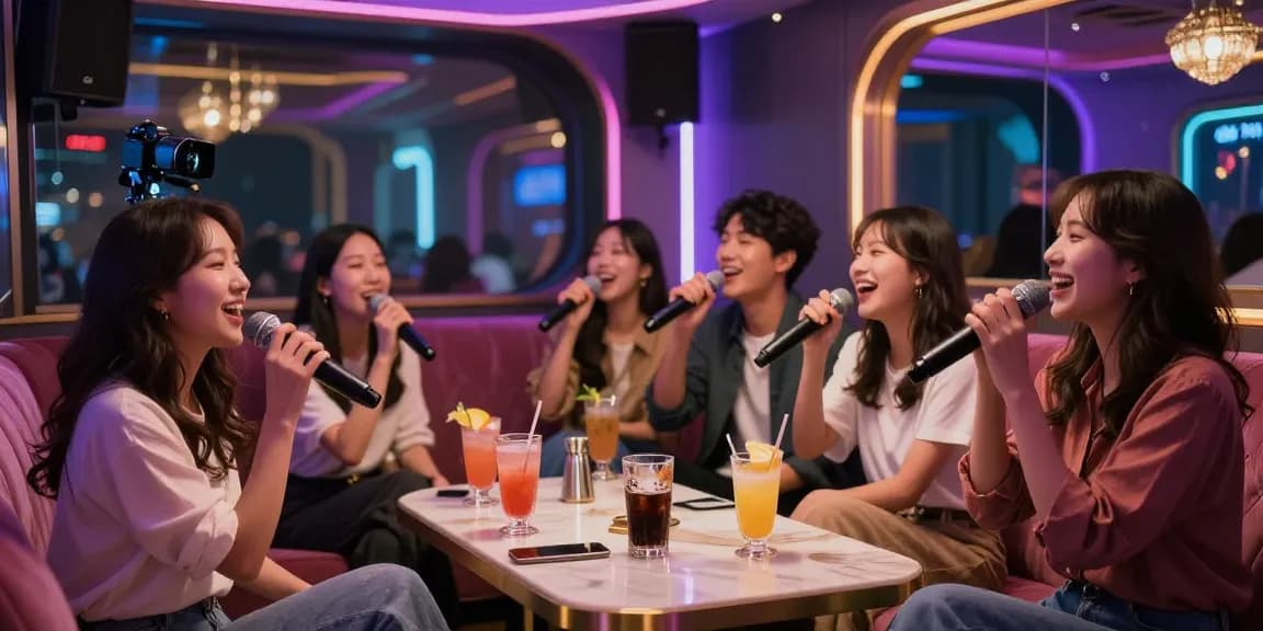 강남가라오케에서 즐거운 노래를 부르는 친구들, 화려한 분위기와 고급 음료를 갖춘 프라이빗 룸에서의 즐거운 밤.
