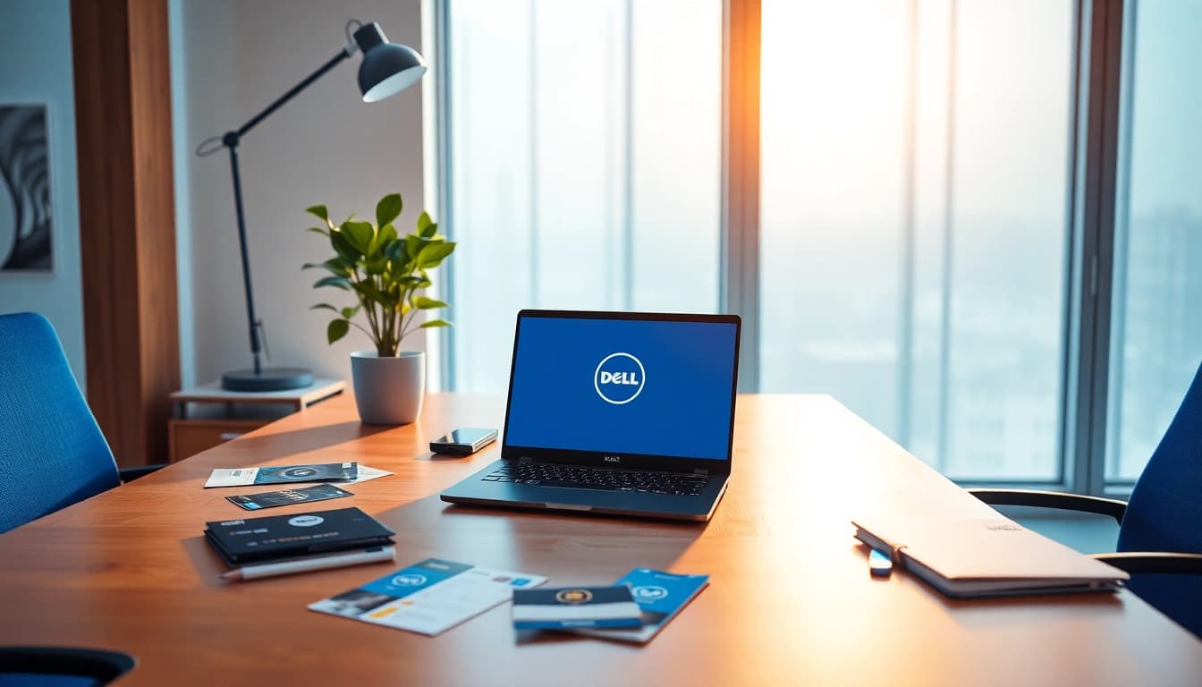 モダンなオフィスで Dell ノートパソコンと販促物を表示する DELL クーポン