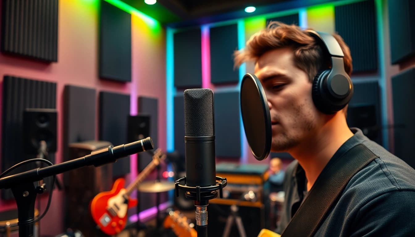 Capture the essence of music recording with the MV88 microphone in a vibrant studio atmosphere.