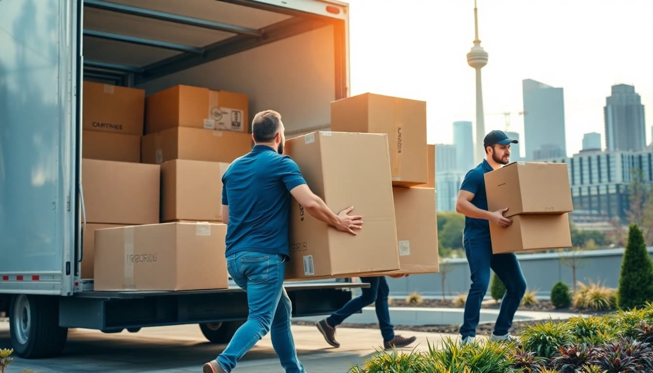 Engaged team providing Toronto moving services with urban backdrop.