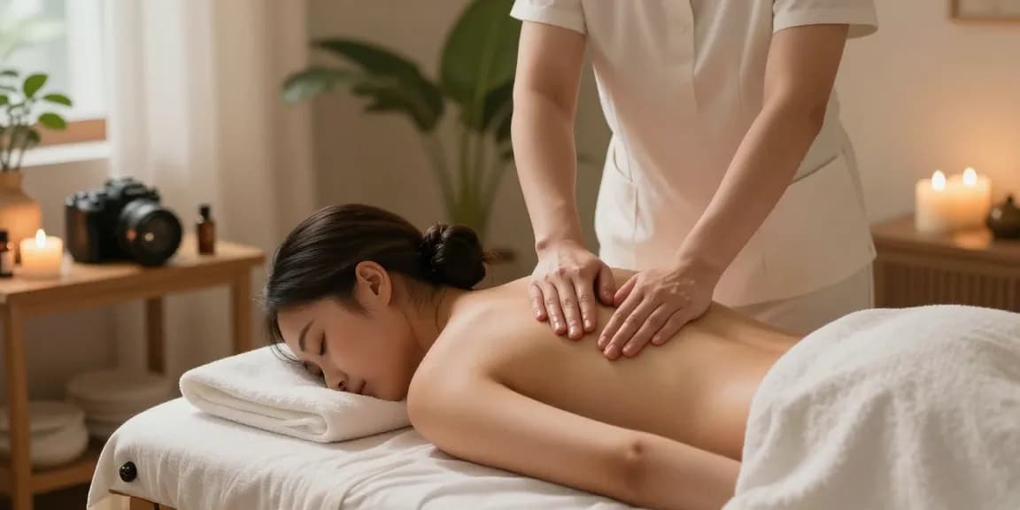 마사지 중인 고객과 편안한 분위기의 스파 내부 모습