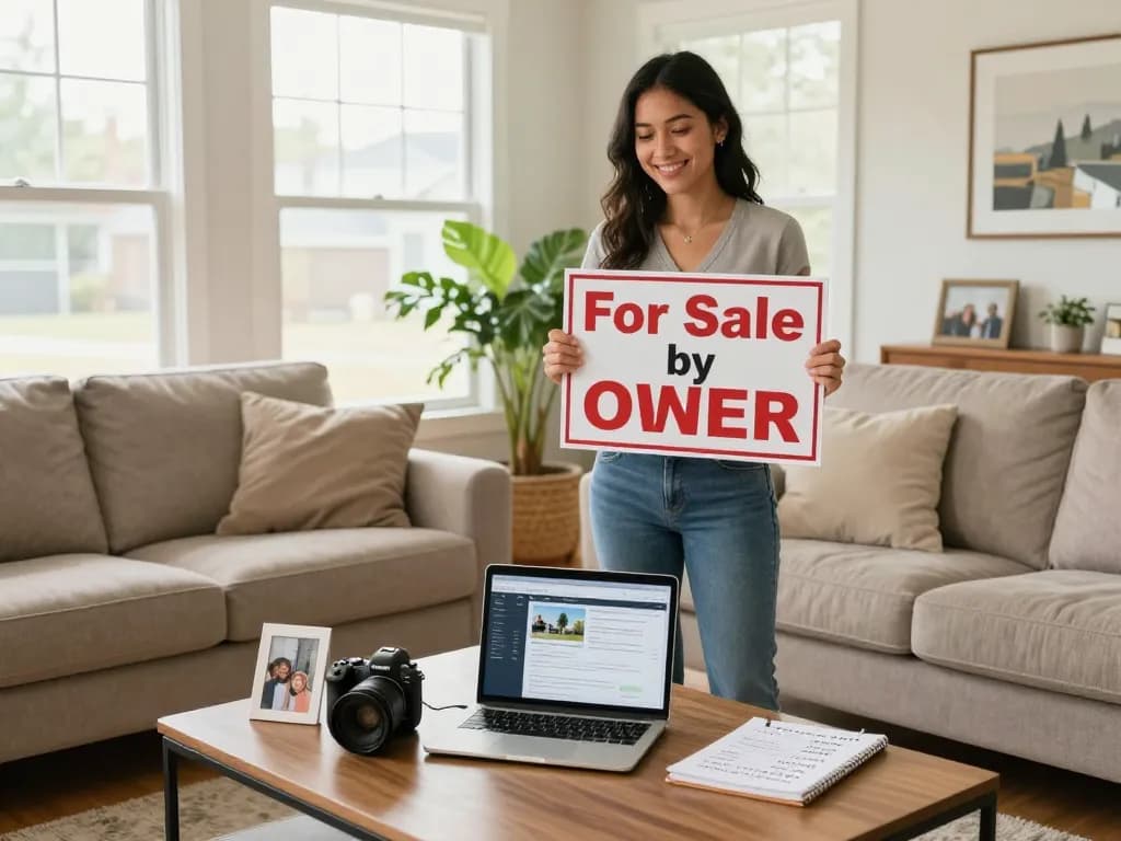 Homeowner preparing to sell house without realtor, viewing listings on laptop in a sunny living room.