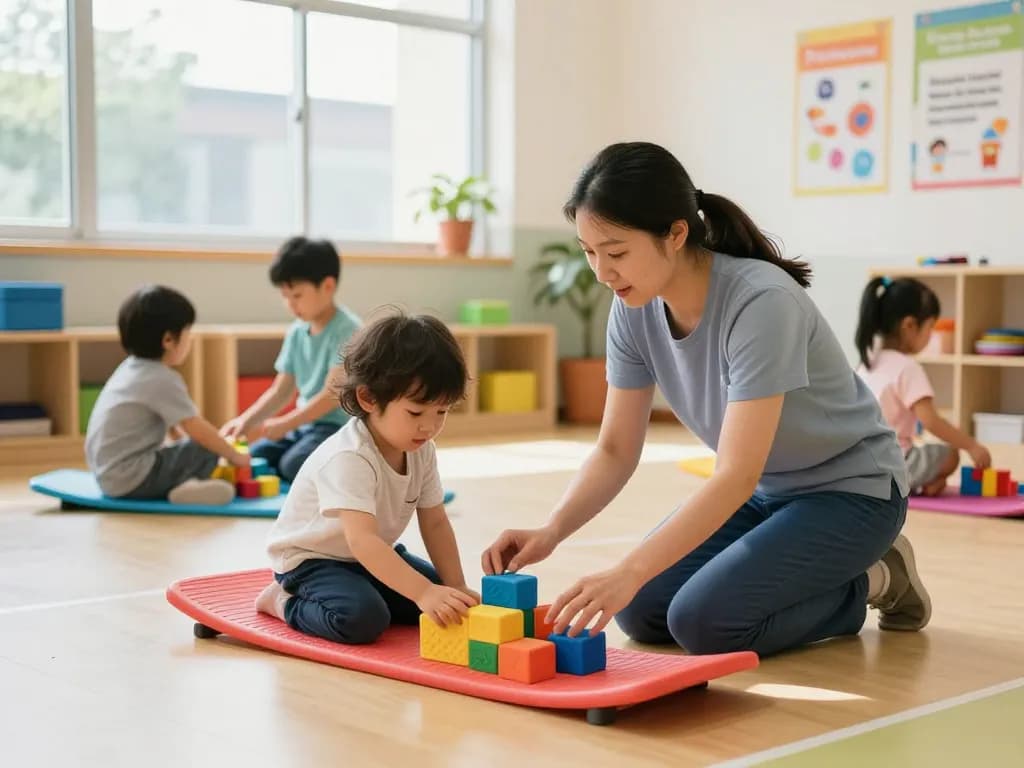 Occupational Therapy Sydney: Engaging therapy session with therapist and child using sensory play tools in a colorful clinic.