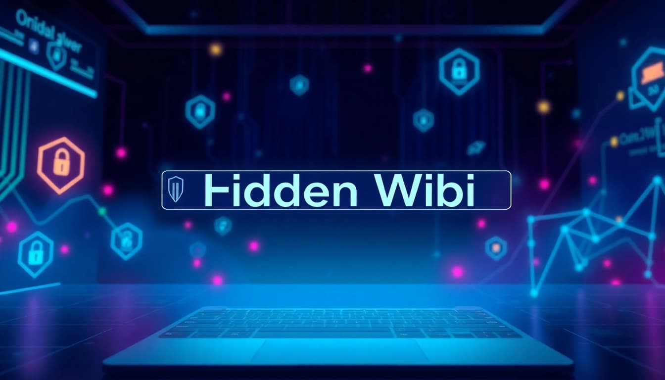 The hidden wiki illustrated with digital interfaces and .onion links in a mysterious dark web theme.