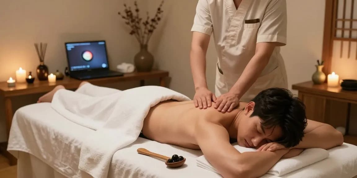포항마사지에서 남성이 전통 한국 마사지를 받는 모습, 편안한 분위기와 아로마를 담고 있는 스파 장면