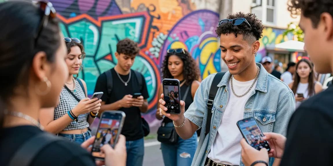 Engaging influencer showcasing beste seite um instagram follower zu kaufen while interacting with followers in vibrant urban setting.