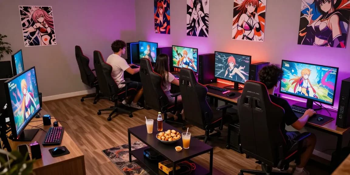 Gamers immersed in a co-op hentai game experience in a vibrant digital lounge.