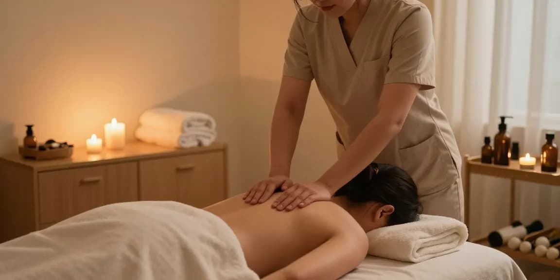 1인샵 마사지 관리사가 고객에게 스웨디시 마사지를 제공하는 따뜻하고 아늑한 마사지 스튜디오 모습