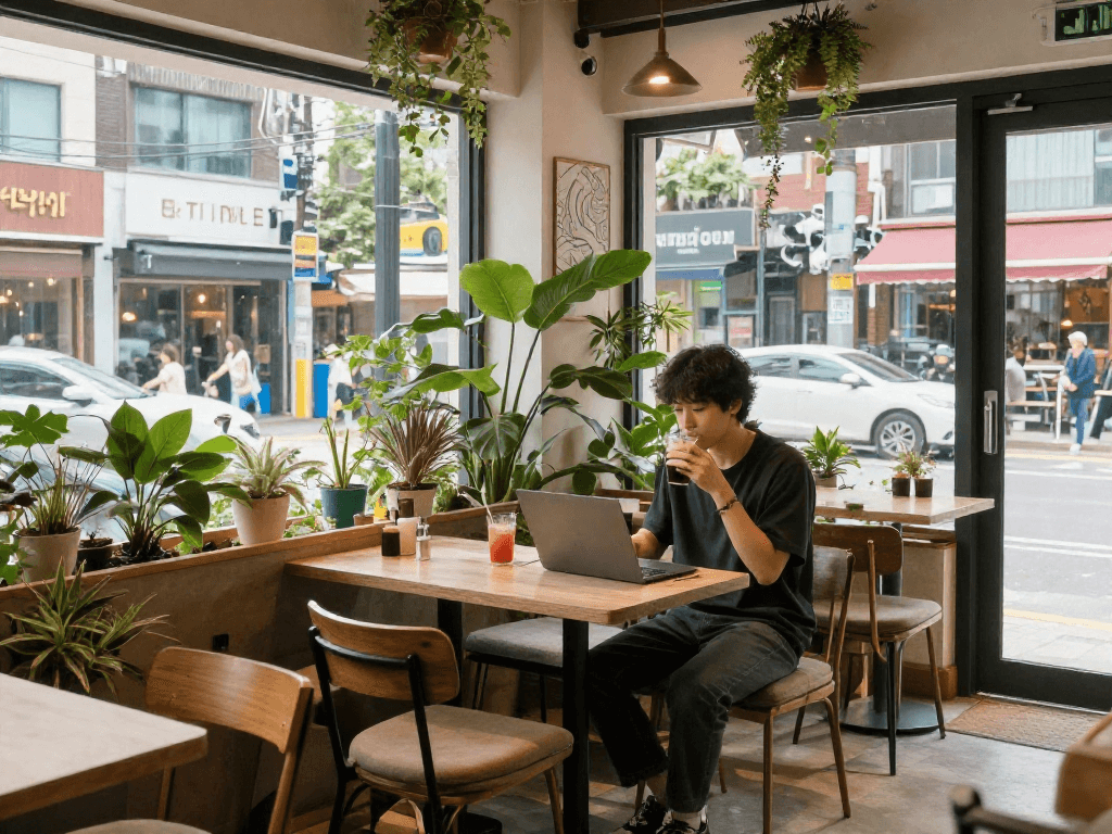 강남쩜오를 즐길 수 있는 아늑한 카페 분위기, 편안한 좌석 배치와 자연광이 들어오는 공간