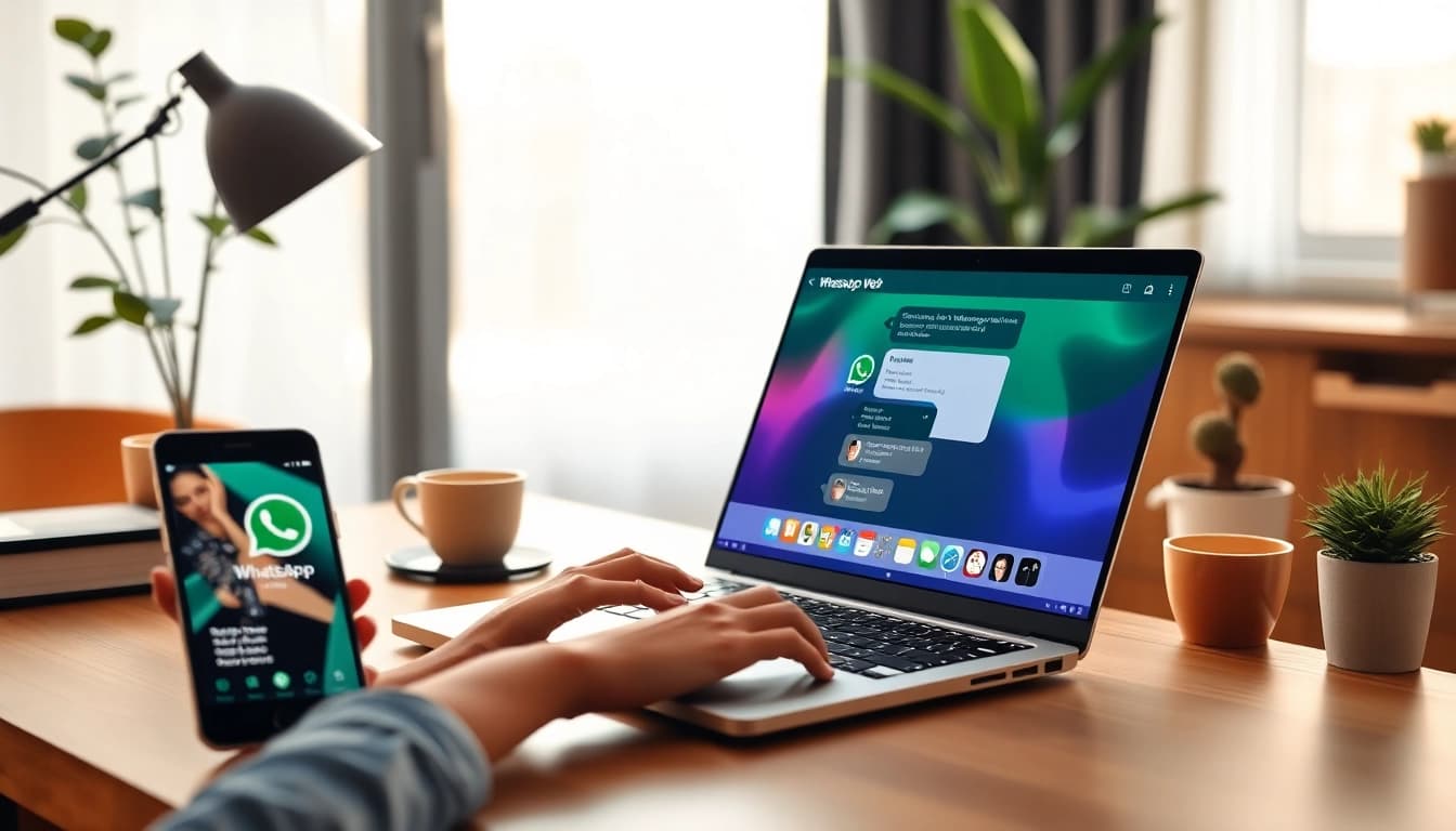 WhatsApp Web interface displayed on a laptop, enhancing communication in a cozy home office.