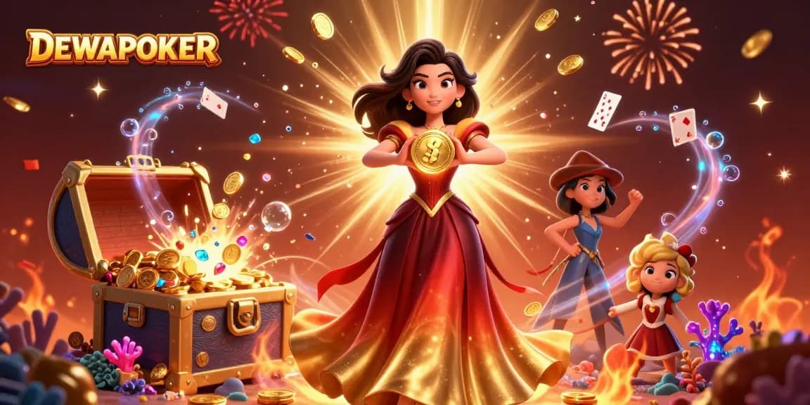 Experience DewaPoker's vibrant game atmosphere with a stunning Asian woman holding a golden coin amidst falling gems and gold.
