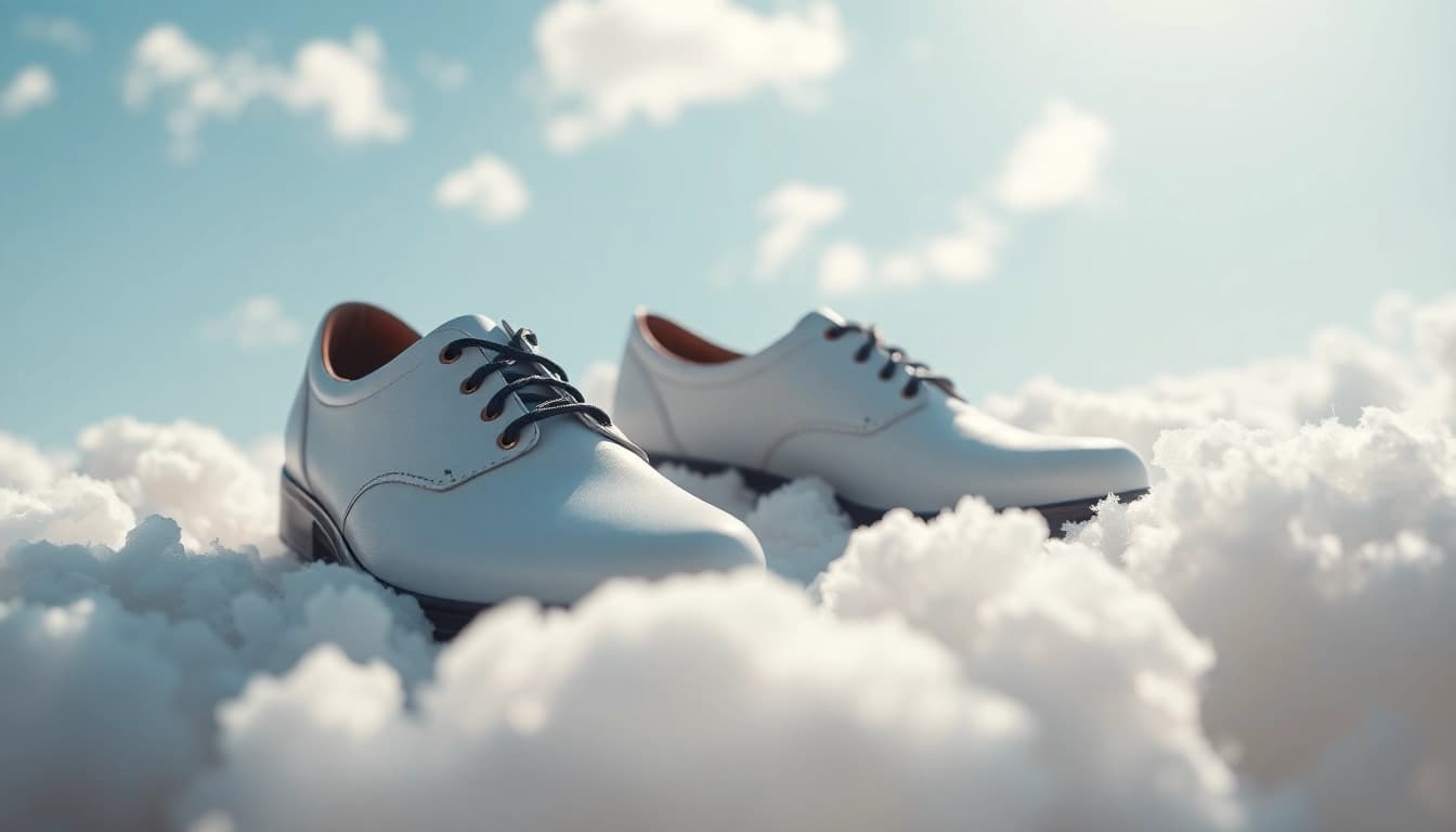 Walking on Clouds style shoes resting on clouds against a bright sky.