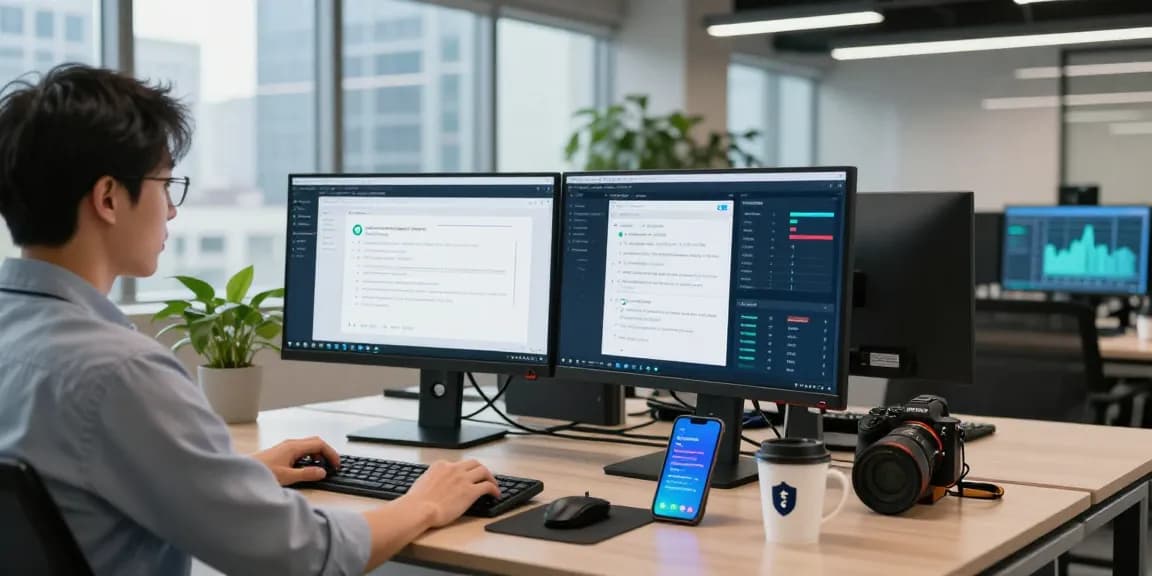 IT professional monitoring security protocols on shs-dome5.com in a modern office