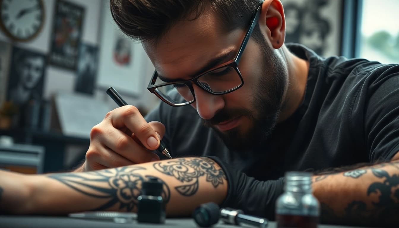 Captivating work by JairoRamirezArt.com, featuring a tattoo artist meticulously crafting a black and grey tattoo.