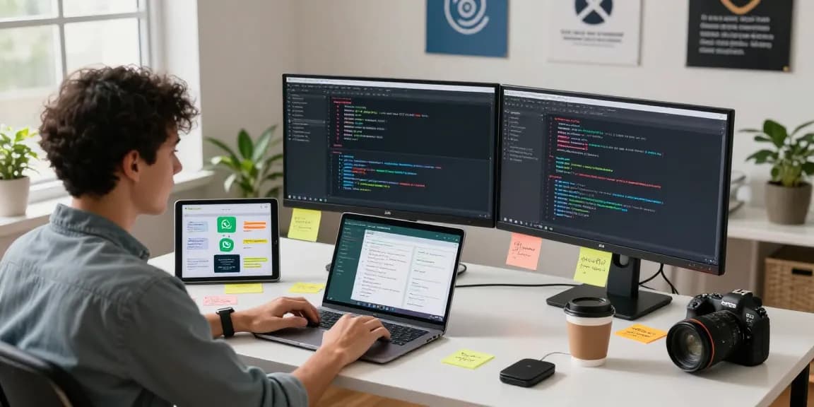 WhatsApp下載 in a digital workspace, showcasing developer designing app interface and coding.