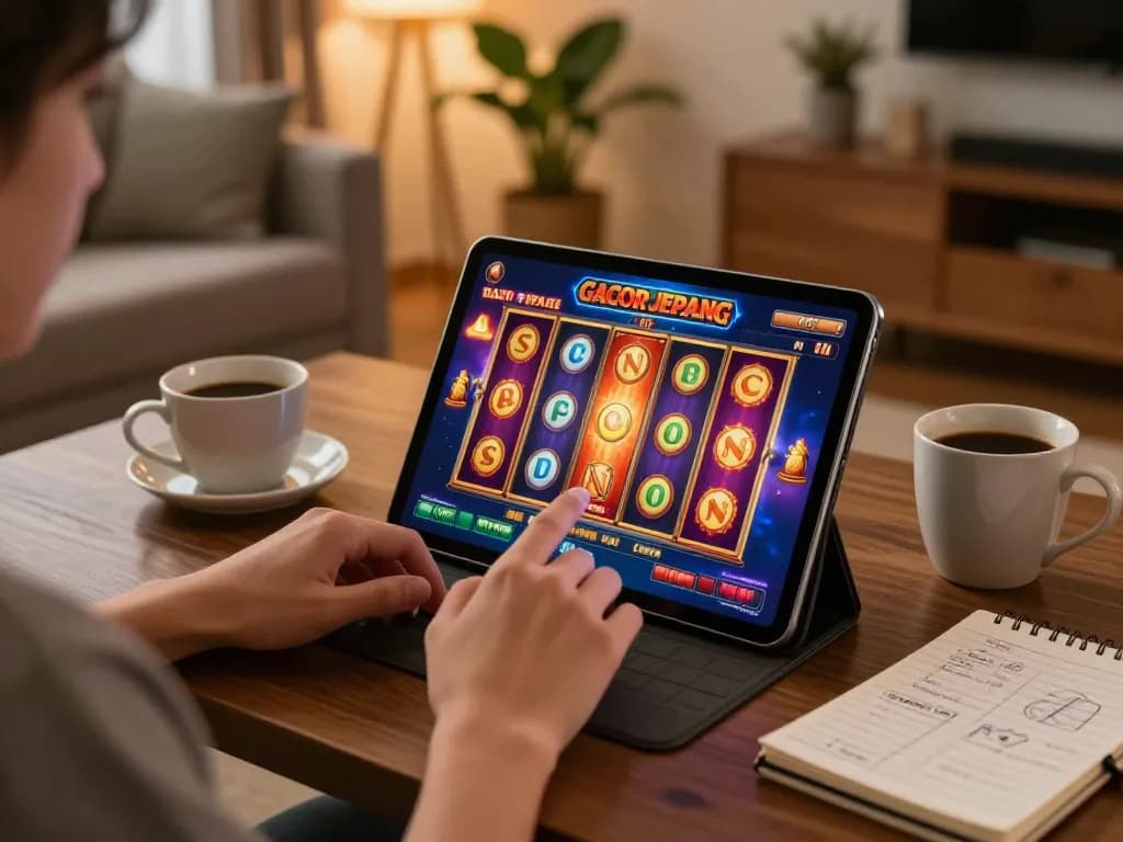 Engaging moment featuring a player interacting with slot gacor jepang on a tablet, capturing the excitement of online gaming.